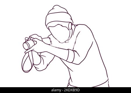 Handgezeichnete männliche Fotografen, die Fotos machen, Illustration Stock Vektor