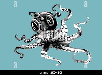 octopus Gravur in einem Unterwasserhelm. Realistische Oktopus-Illustration. Stockfoto