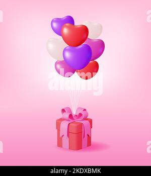 3D Geschenkbox mit Herz-Ballons auf rosa Hintergrund Stock Vektor