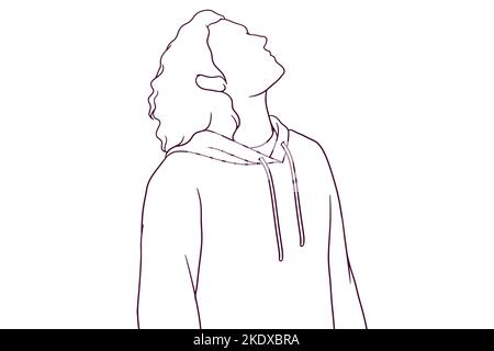 Junger Mann mit Kapuzenpullover, der handgezeichnete Vektorgrafik zeigt Stock Vektor