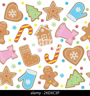 Lebkuchenmänner, Schneeflocken und Weihnachtsbäume nahtloses Muster. Hintergrund zu Weihnachten oder Neujahr. Festlich gebackenes, niedliches Design Stock Vektor