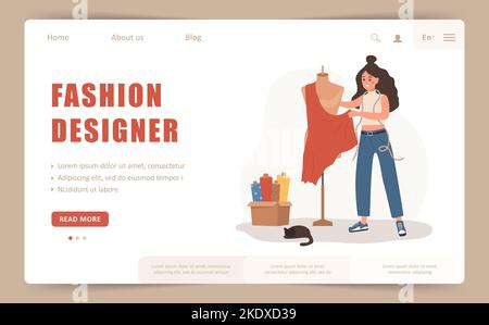 Landing Page oder Webbanner-Vorlage für Modedesigner. Frau Näherin an Schaufensterpuppe nimmt Messungen. Schneiderin oder Schneiderin. Vektordarstellung in Stock Vektor