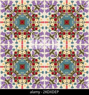 Nahtloses Muster mit ethnischen Stammesblumen. Geometrische Symmetrieform. Rot, lila und gelbe Farbmotiv. Ideal für Stoffdruck. Stockfoto