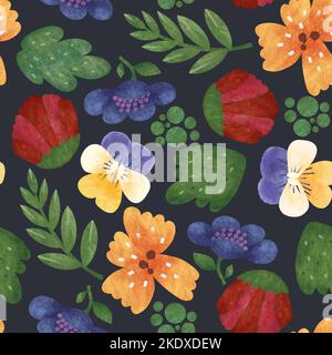 Niedliches nahtloses Muster mit isolierten bunten Blumen auf schwarzem Hintergrund. Set aus Wildblumen und grünen Blättern. Bunte Fanscheskleider für Mode. Stockfoto