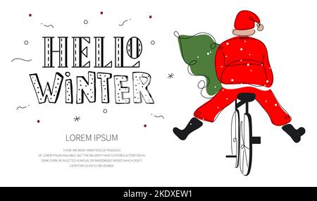 Frohes Neues Jahr Postkarte mit Zitat-Schriftzug HALLO WINTER und niedlicher Weihnachtsmann auf dem Fahrrad. Die Vektordarstellung Weihnachtskarte in handgezeichneter Kunst Stock Vektor