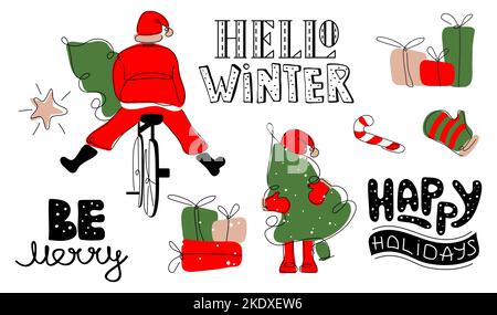 Set von Merry Christmas Elements, Zitat Schriftzug HALLO WINTER, SEI FRÖHLICH, FROHE FEIERTAGE, niedlicher Weihnachtsmann, Weihnachtsmann auf dem Fahrrad, Geschenke, Kerzen und Fäustlinge Stock Vektor