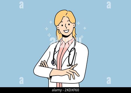 Lächelnde Ärztin in weißer medizinischer Uniform fühlt sich positiv und optimistisch. Glückliche Hausärztin oder Therapeutin, die Führungsqualitäten zeigt. Medizin. Vektorgrafik. Stock Vektor