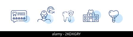 Satz von Symbolen der Zahnklinik. 5-Sterne-Bewertung, 24-Stunden-Zahnarzt, Schutzschild und Implantat. Pixelgenaue, bearbeitbare Kontur Stock Vektor