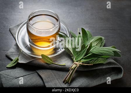 Salbei-Tee im Glaskrug und Salbei-Blätter auf grauem Tisch aus nächster Nähe Stockfoto