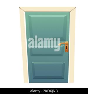 Blaue komische Holztür, verschlossen, detailliert im Cartoon-Stil isoliert auf weißem Hintergrund. . Vektorgrafik Stock Vektor