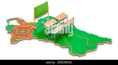 Bildung in Turkmenistan, Konzept. Schultische und Tafel auf turkmenischer Karte. 3D Darstellung isoliert auf weißem Hintergrund Stockfoto