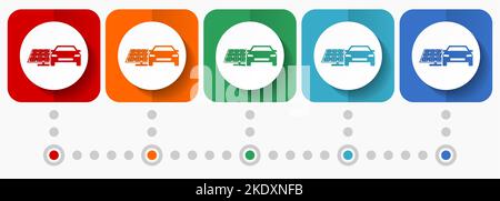 Elektroauto und Solarpanel, saubere Energie, Power-Vektor-Symbole, Infografik-Vorlage, Satz von flachen Design-Symbole in 5 Farboptionen Stock Vektor