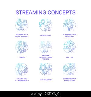 Symbole für das Konzept der Streaming-Plattform mit blauem Verlauf gesetzt Stock Vektor