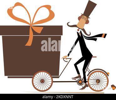 Urlaub. Radsportler mit Present Box Illustration. Cartoon langer Schnurrbart Mann in der Hut transportiert eine Geschenk-Box auf dem Fahrrad. Schwarz auf Weiß Stock Vektor