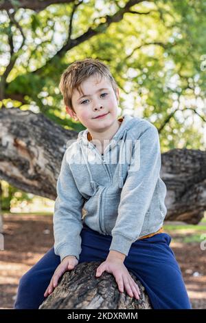 Positiver Junge in legerer Kleidung, der auf einem umgestürzten Baumstamm sitzt und am Sommerwochenende im Park die Kamera anschaut Stockfoto