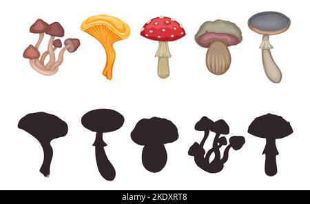 Vektor-Vorlage für Vorschulspiele. Finden Sie den richtigen Schatten. Pädagogischer Spaß für Kinder. Finden Sie die richtige schwarze Silhouette für Cartoon verschiedene Pilze Stock Vektor