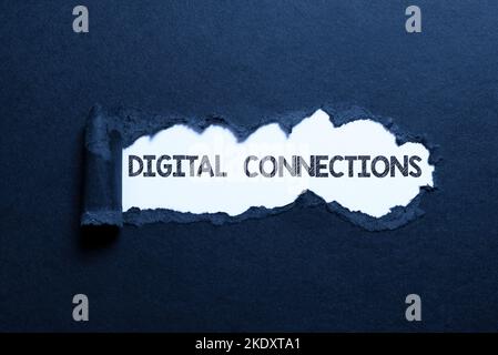 Textüberschrift mit digitalen Verbindungen, Wort, das auf einem virtuellen Netzwerk geschrieben wurde und den Benutzer mit seinen Kontakten verbindet Stockfoto