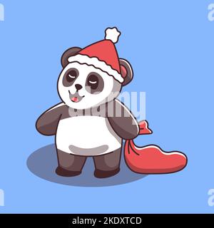 Niedlicher Panda trägt weihnachtsmann Hut mit rotem Sack Neujahr weihnachtsvektor Charakter Stock Vektor