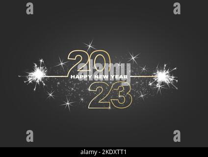 Frohes neues Jahr 2023 mit Fireworks grauem Hintergrund. Stockfoto