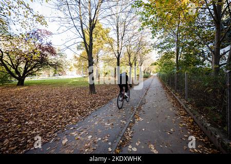 Guy reitet in der Herbststraße, entlang des Weges. Stockfoto