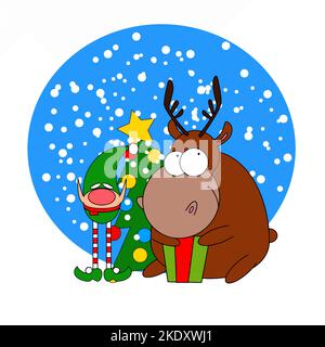 Ein Zwerg und ein Elch stehen in der Nähe des Weihnachtsbaums Stock Vektor