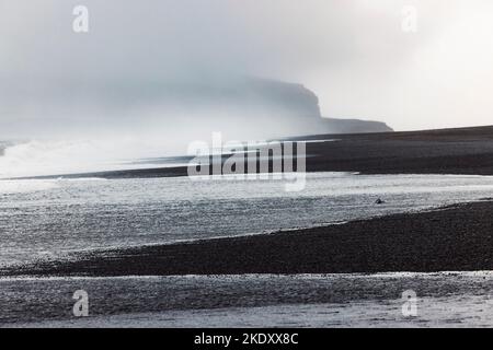 Vulkanischer schwarzer Sandstrand Reynisfjara Wellen und Nebel Stockfoto