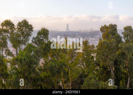 Das Martyr's Memorial National Monument of Algier von der Ave du Docteur Frantz Fanon, El Djazair aus gesehen. Bäume und Gebäude mit Sonnenlicht in blauer Stunde. Stockfoto