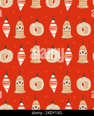 Hand gezeichnet Vektor abstrakt Spaß Merry Christmas Time Cartoon Illustration nahtlose Muster mit Weihnachtsbaum Spielzeug auf rotem Hintergrund isoliert. Stock Vektor