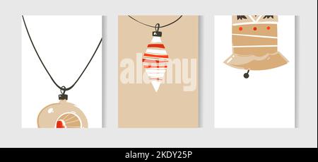 Hand gezeichnet Vektor abstrakt Spaß Frohe Weihnachten Zeit Cartoon Illustrationen Karten Sammlung mit Weihnachtsbaum Spielzeug auf Bastelpapier isoliert gesetzt Stock Vektor