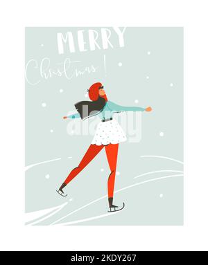 Handgezeichnete Vektor abstrakt Spaß Frohe Weihnachten Zeit Cartoon Illustration Karte mit jungen Mädchen Schlittschuh auf Eis isoliert auf blauem Hintergrund. Stock Vektor