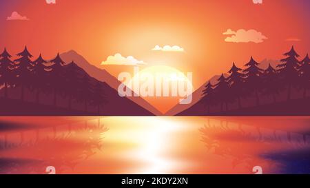 Sonnenaufgang Sonnenuntergang Bunte flache Designlandschaft mit Bergen und See für kreative Grafikvorlagen und Hintergrundillustrationen Stock Vektor