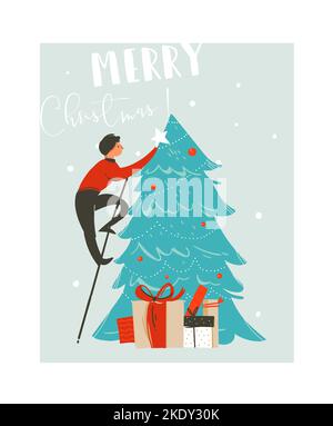 Handgezeichnete Vektor abstrakt Spaß Frohe Weihnachten Zeit Cartoon Illustration Karte mit Vater, der Weihnachtsbaum und Überraschung Geschenkboxen dekoriert Stock Vektor