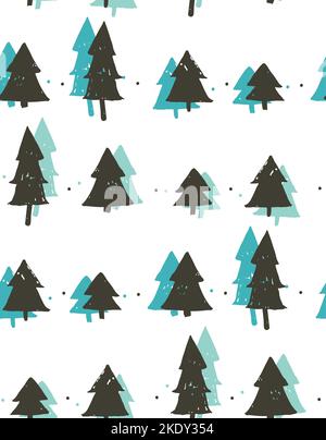 Hand gezeichnet Vektor abstrakt Spaß Merry Christmas Time Cartoon Freihand Illustration nahtlose Muster mit vintage Retro Weihnachtsbäume Wald isoliert Stock Vektor