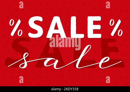 Das Wort VERKAUF wird in Großbuchstaben und in Kleinbuchstaben in der Handschrift geschrieben. Muster von Prozentzeichen im Hintergrund. Werbebanner. Stock Vektor