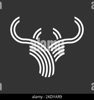 Lineares Stier- oder Hirschlogo. Tier mit Hörnern in gestreiften Linien. Buck-Schild. Weißes lineares Designelement auf schwarzem Hintergrund. Vektorgrafik Stock Vektor