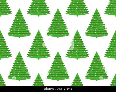 Nahtloses Muster mit verzierten Weihnachtsbäumen auf weißem Hintergrund. Weihnachtsbaum mit Weihnachtskugeln geschmückt. Festliches Design für Grußkarten Stock Vektor