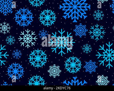 Schneeflocken nahtloses Muster. Blaue Schneeflocken auf schwarzem Hintergrund. Winterhintergrund mit Schneeflocken in verschiedenen Formen und Größen. Vektor i Stock Vektor