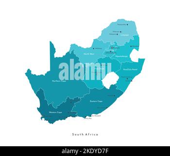 Vektor-isolierte Illustration. Vereinfachte Verwaltungskarte der Republik Südafrika. Blaue Formen von Regionen. Namen der Städte und Provinzen. Wh Stock Vektor