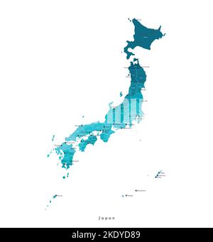 Vektor-isolierte Illustration. Vereinfachte Verwaltungskarte von Japan. Blaue Formen von Regionen. Namen japanischer Städte und Präfekturen. Weißer Hintergrund Stock Vektor