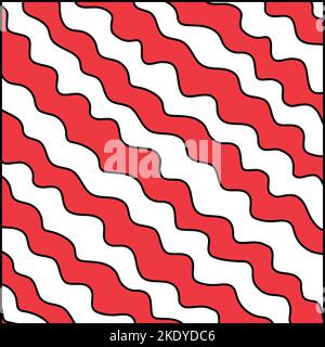 Vektor abstrakte rot-weiße Illustration mit schwarzer Umrandung im Vintage 70s Stil. Gestreifter geometrischer Hintergrund mit handgezeichneten diagonalen Wellen für Stock Vektor