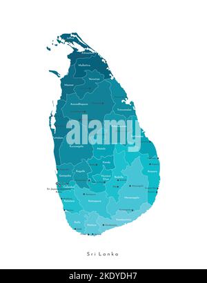 Vektor-isolierte Illustration. Vereinfachte admistrative Karte von Sri Lanka. Blaue Formen von Regionen. Namen der Städte und Provinzen. Weißer Hintergrund Stock Vektor