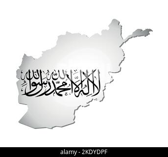 Vektor-isolierte Illustration. Offizielle Fähnrich auf der Karte Afghanistans. Nationalflagge mit schwarzem Text Shahada auf weißem Hintergrund Stock Vektor