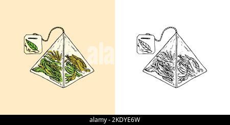 Teebeutel mit Pyramide. Vintage-Retro-Emblem. Handgezeichnete gravierte Skizze. Vorlagen für T-Shirts, Typografie oder Schilder. Stock Vektor