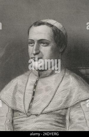 Pius IX. (1792-1878). Italienischer Papst (1846-1878), geboren Giovanni Maria Mastai Ferretti. Hochformat. Gravur von Geoffroy. „Historia Universal“, von César Cantú. Band VI. 1857. Stockfoto