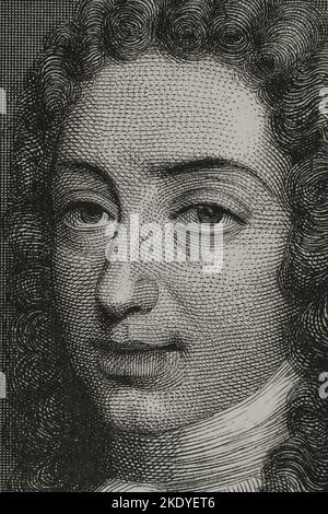 Karl VI. (1685-1740). Kaiser Des Heiligen Römischen Reiches (1711-1740). Hochformat. Prätender auf den Thron von Spanien als Karl III. Gravur von Geoffroy. Details. „Historia Universal“, von César Cantú. Band VI. 1857. Stockfoto