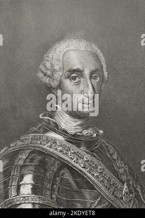 Karl III. (1716-1788). König von Spanien (1759-1788). Bourbon-Dynastie. Hochformat. Stich von J. Amills. „Historia Universal“, von César Cantú. Band VI. 1857. Stockfoto