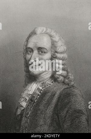 Voltaire (Francois Marie Arouet) (1694-1778). Französischer Schriftsteller der Aufklärung. Hochformat. Gravur von Geoffroy. „Historia Universal“, von César Cantú. Band VI. 1857. Stockfoto