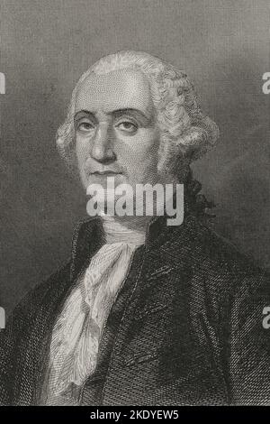 George Washington (1732-1799). 1. Präsident der Vereinigten Staaten (1789-1797). Hochformat. Gravur. „Historia Universal“ von César Cantú. Band VI. 1857. Stockfoto