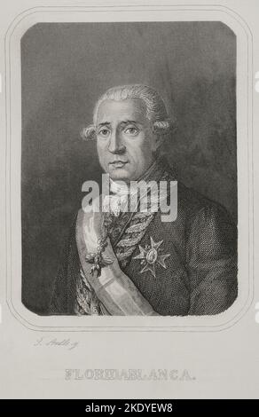 José Moñino y Redondo, 1. Graf von Floridablanca (1728-1808). Spanischer Staatsmann. Staatssekretär (1777-1792). Hochformat. Stich von J. Amills. „Historia Universal“, von César Cantú. Band VI. 1857. Stockfoto