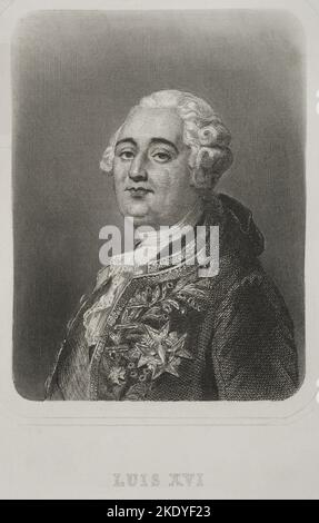 Ludwig XVI. (1754-1793). König von Frankreich (1774-1792). Er heiratete Marie Antoinette und wandte sich gegen den Dritten Stand und versuchte, den revolutionären Prozess zu stoppen. Hochformat. Gravur von Geoffroy. „Historia Universal“, von César Cantú. Band VI. 1857. Stockfoto